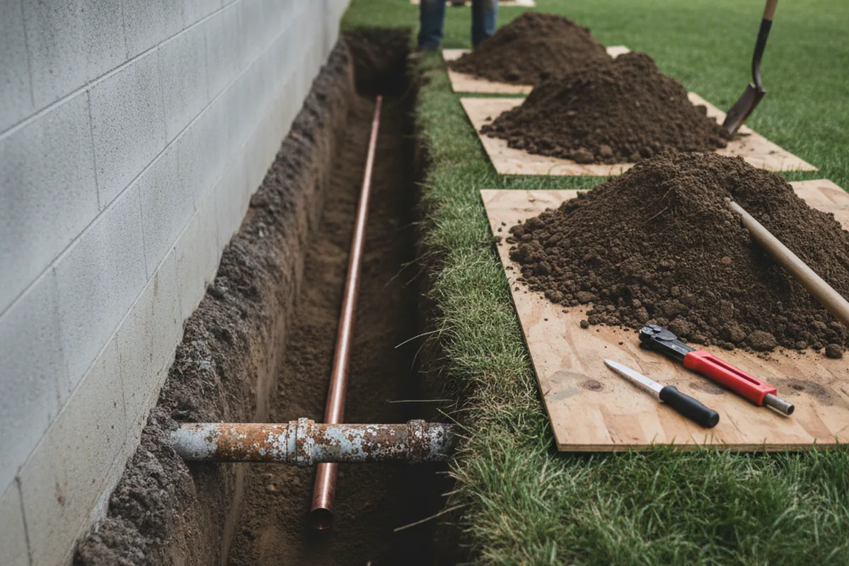 Excavated water line trench during Water Heater Repair in Erie